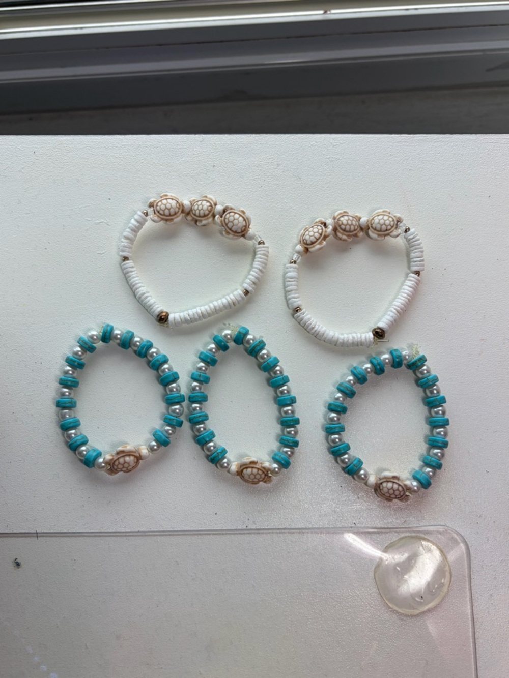 Kids white and blue handmade beaded turtle bracelets bundle - Set of 5